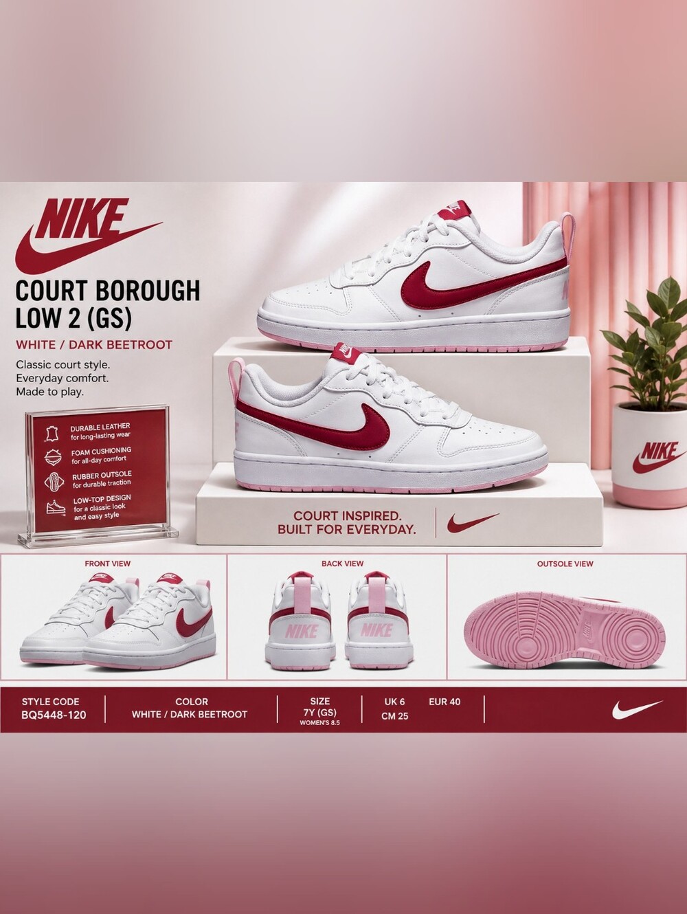 💎SOLD💎Nike Court Borough Low 2 (GS) – White/Dark Beetroot | Size 7Y - Picture 3 of 12